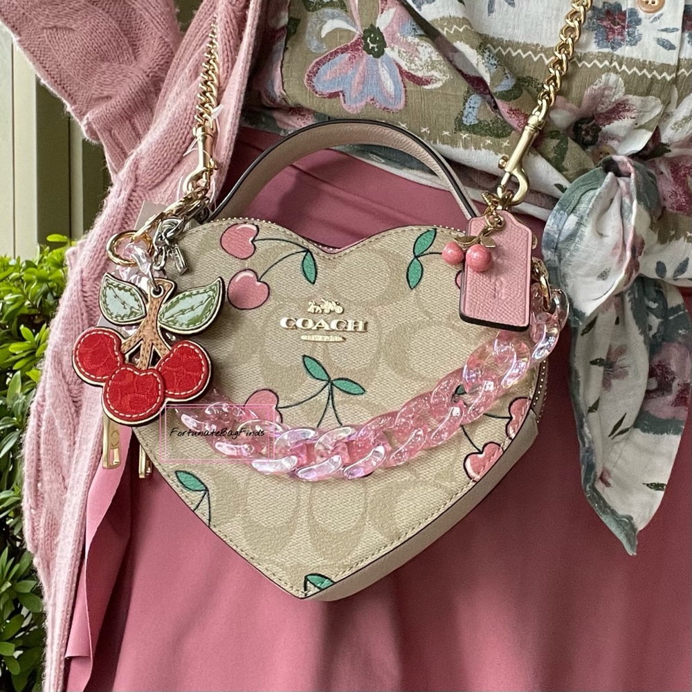 Coach Set Heart Cherry Print Heart Crossbody Triple Jacquard Cherry Charm Chain - Picture 1 of 15